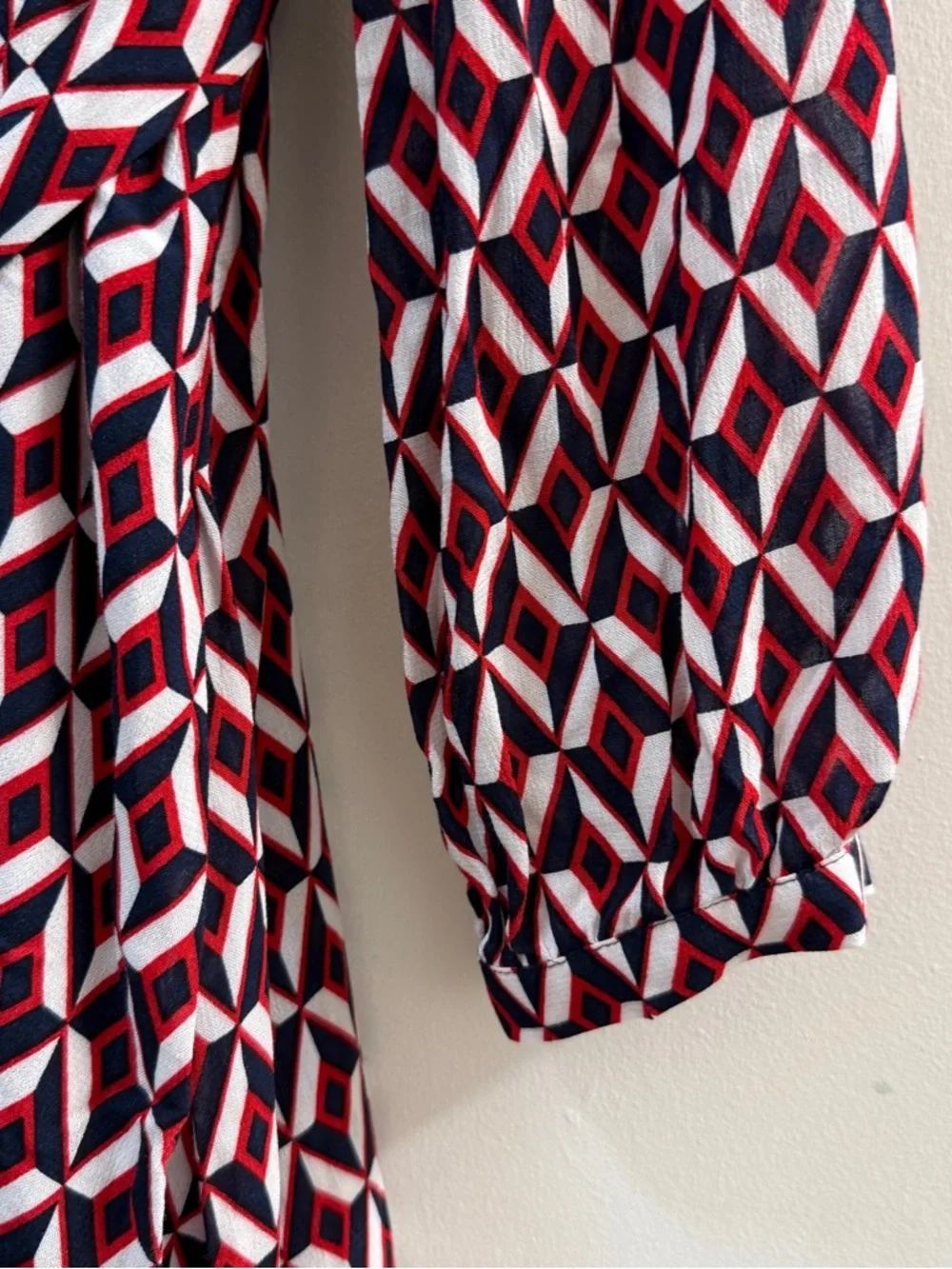 Banana Republic NWT Faux Wrap Midi Dress Size 12 Geometric Red Navy White Lined - Picture 7 of 14